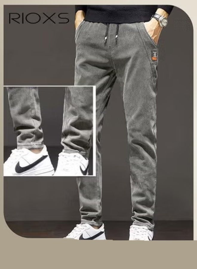 RIOXS Men's Denim Pants, Slim Fit Jeans With Tight Legs For Men, Casual Long Pants, Elastic Waist Jeans, Drawstring Denim Pants With 4 Pockets, Comfy Mid-Rise Trousers For Daily Wear Or Outdoor Activities, Stylish Jeans For Daddy Family Friends - Image 2